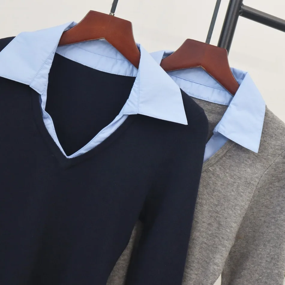 Polo-Kragen Kontrast-Patchwork Koreanische T-Shirts Langarm Fake Zweiteiler Trend-Oberteile Mode Büro Frühling Herbst Damenbekleidung – Detail 4