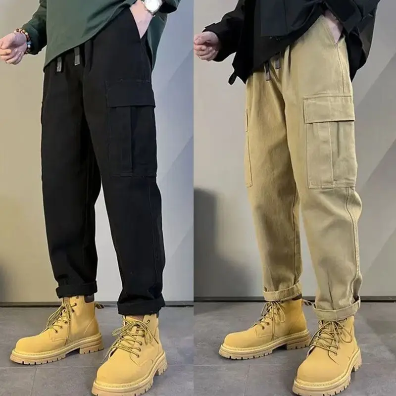 Mens Loose Straight Cargo Pants Youth Versatile Casual Long Trousers American Style