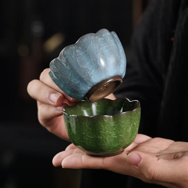 Multi-color Ice Crack Master Tea Cup Floral Rim Kung Fu Teacup Handmade Ceramic Tasting Cup for Tea Room and Entertainment