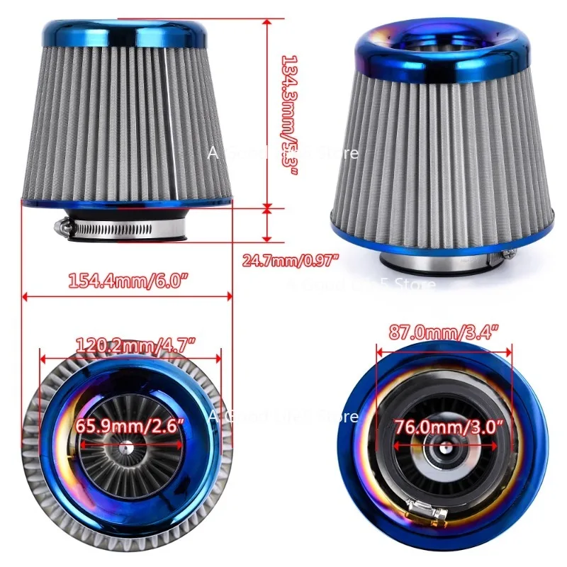 Apply To 63/70/76/101mm Roasted Blue Stainless Steel Car Modified Intake Air Filter  Large Flow for Mushroom Head Filter Element