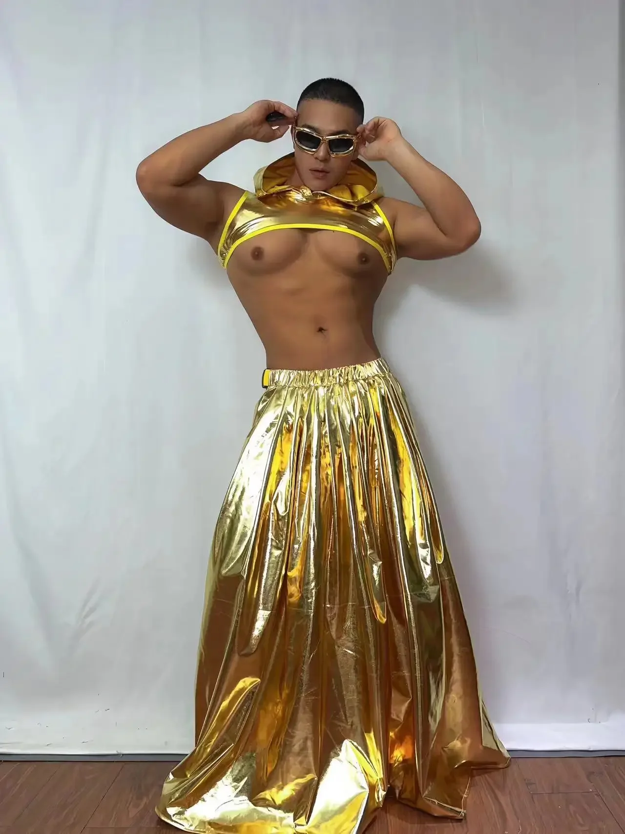 남성 골드 레이저 탑 롱 스커트 레이브 의상 나이트클럽 DJ 고고 댄스 의상 남성 댄서 가수 섹시 클럽 무대 공연 세트