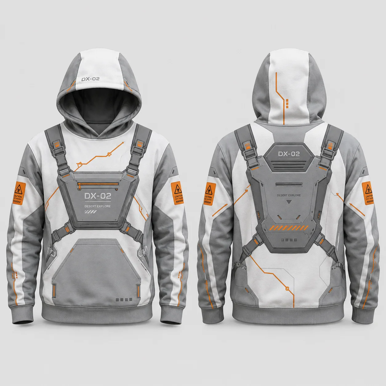 Futuristic Space Suit Style Hoodie Men White Gray Orange 3D Sublimation Print Flat Graphic Pullover Sweatshirt Techwear