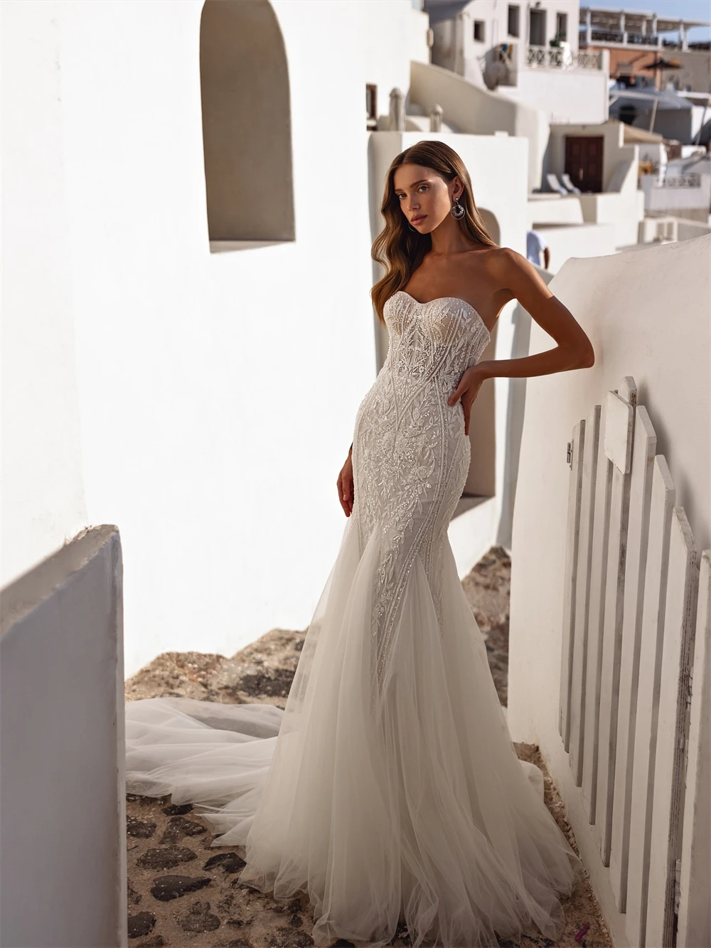 Vestido De Novia De Organza blanco bohemio personalizado, vestidos De Novia elegantes sin mangas con forma De corazón, Vestido De Novia suave con cola De corte De sirena