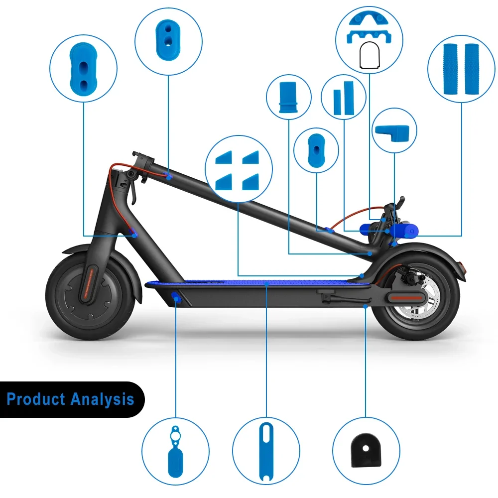 Electric Scooter Foot Pad Handlebar Grip Set for Xiaomi M365 Kickscooter Anti-Slip Blue Charging Port Dust Plug Case Accessories