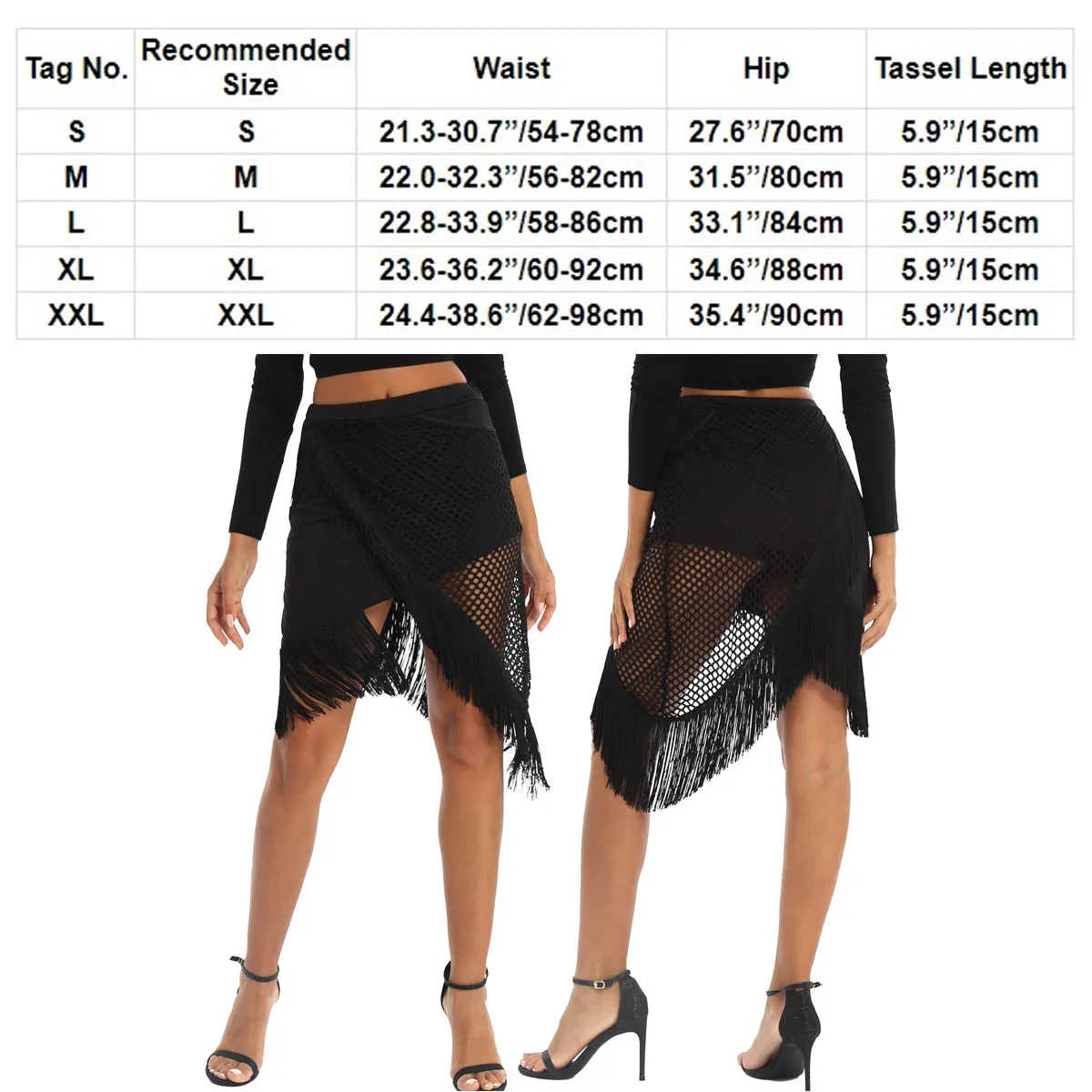 Phụ Nữ Trưởng Thành Đen Tua Rua Chân Váy Sexy Cutout Bất Đối Xứng Tua Rua Salsa Nhảy Latin Đầm Huấn Luyện Thi Trình Diễn Trang Phục