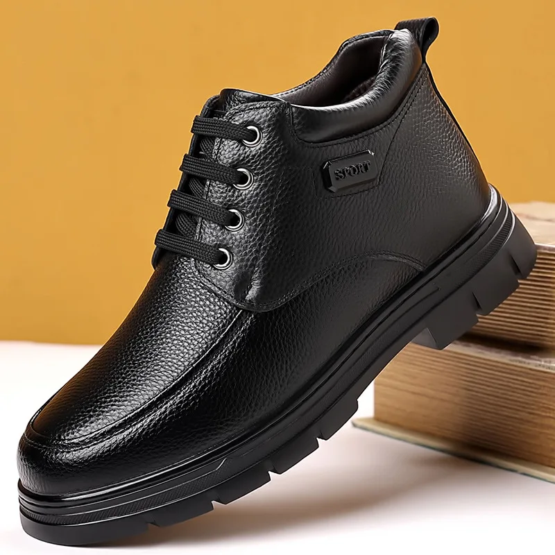 All Match Comfortable Men's High Top Winter Fur Cotton Shoes 2026 Flat Heel Genuine Leather Boots Short Ankle Boots for Father