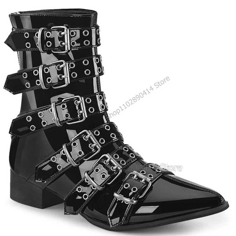 Black Patent Leather Buckle Decor Pointed Toe Boots Back Zipper Women Shoes Chunky Heels Novel Office 2023 Zapatos Para Mujere