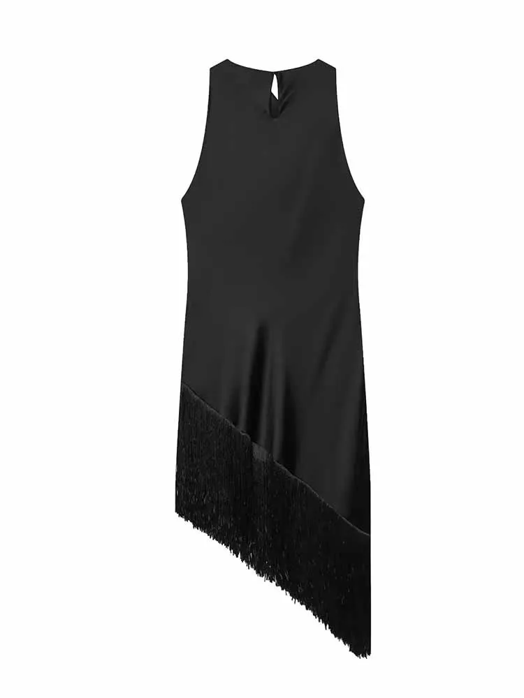 Hh nova mulher primavera moda sexy sem mangas seda cetim textura borla decoração bainha irregular longo topos feminino festa