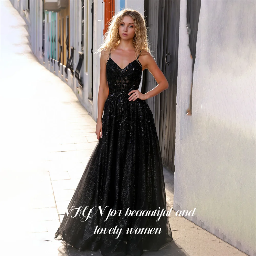 

NFYN Black Sexy Prom Dresses Spaghetti Strap Prom Gown Backless Side High Split Formal Gown for Woman robe de bal Customized