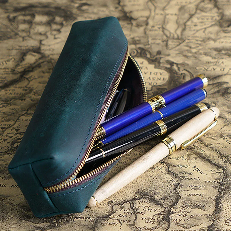 Leather Pen Storage Bag Men's Leather Zipper Pen Bag Student Pencil Case Simple Large-capacity Stationery Bag