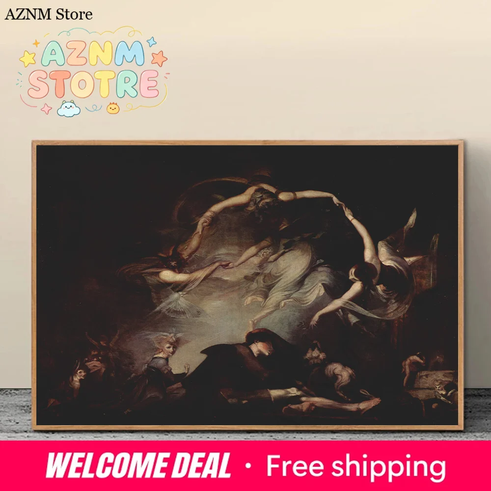 Dancing Witches Painting Art Prints Vintage Gothic Posters Dark Academia Aesthetic Wall Art Pictures Witchy Home Decoration