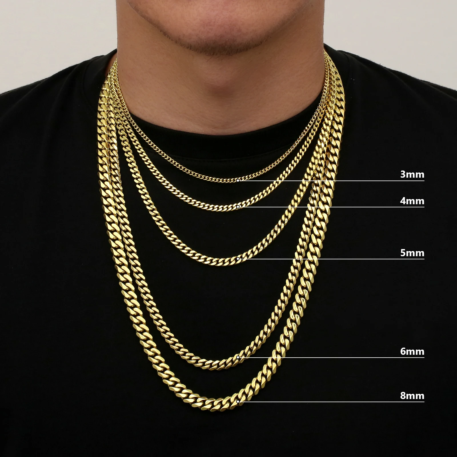 KRKC Wholesale 3mm 4mm 5mm 6mm 8mm 14k Gold Plated Stainless Steel Miami Cuban Link Necklace Lobster Clasp Mens Chains