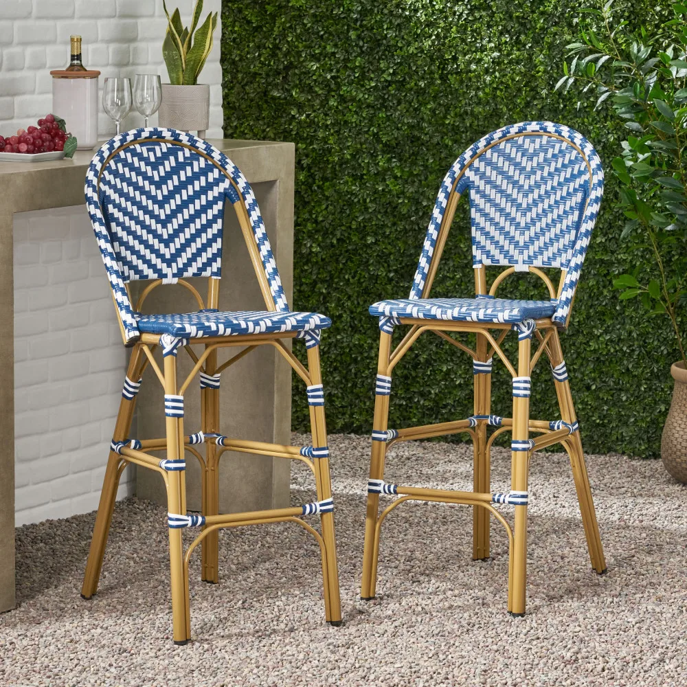 

YQXH 29.5" Outdoor PE Rattan French Barstool, Navy Blue and White, Aluminum Frame with Bamboo Finish (Set of 2)