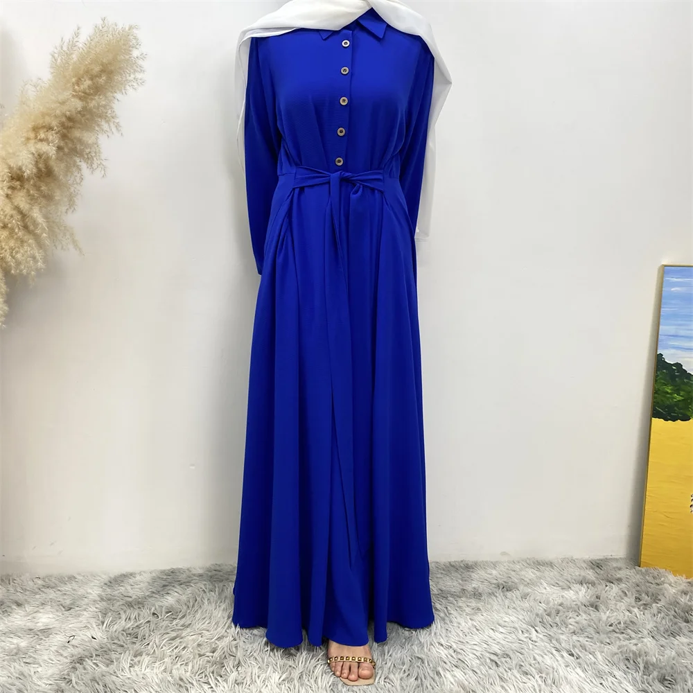 Muslim women summer hot sale chiffon dress Middle East Dubai Turkey solid color loose button elegant temperament dress with pock