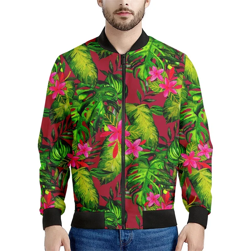 Hawaiian Flower Zipper Jacket For Men 3d Printed Tropic Plants Pattern Bomber Sweatshirts Tops Long Sleeve Oversized Coats