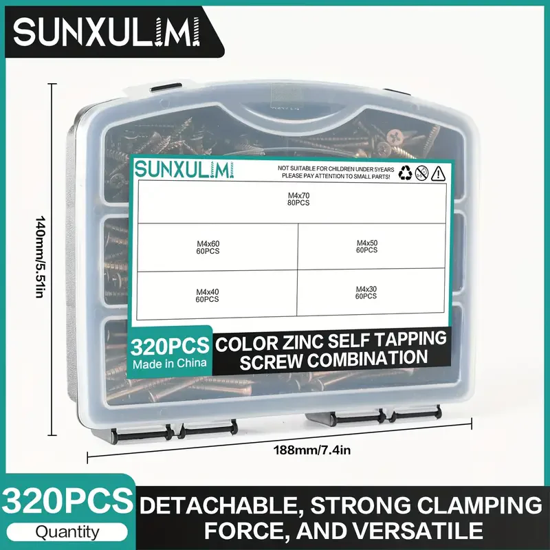 

320pcs M4 Wood Screws Kit - Heavy-Duty Self-Tapping Yellow Zinc Plated Screws with M4x30/40/50/60/70mm Lengths