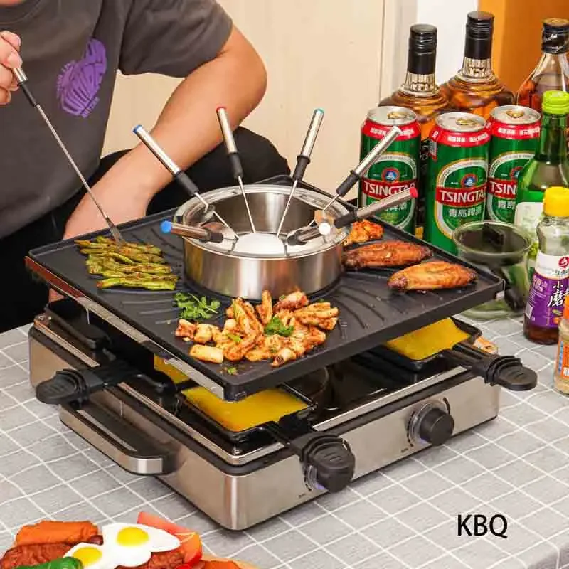 Kitchen Appliance 8 Person BBQ Electric Raclette Grill Fondue Set with Chocolate Cheese Hot Pot