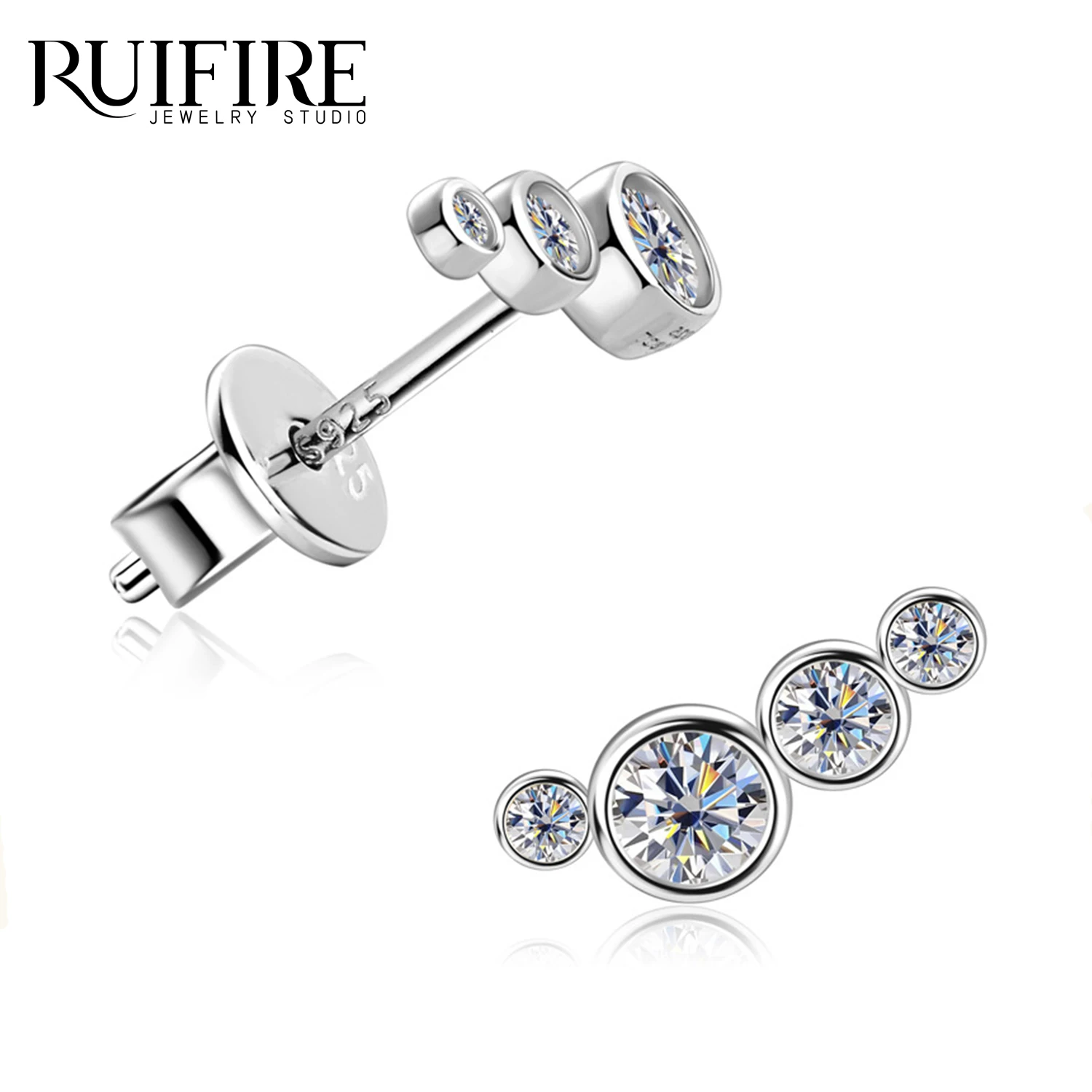 RUIFIRE 14K مطلية بالذهب S925 فضة أقراط صف أربعة الحافة المستديرة مويسانيتي القرط للنساء ارتداء اليومي مجوهرات