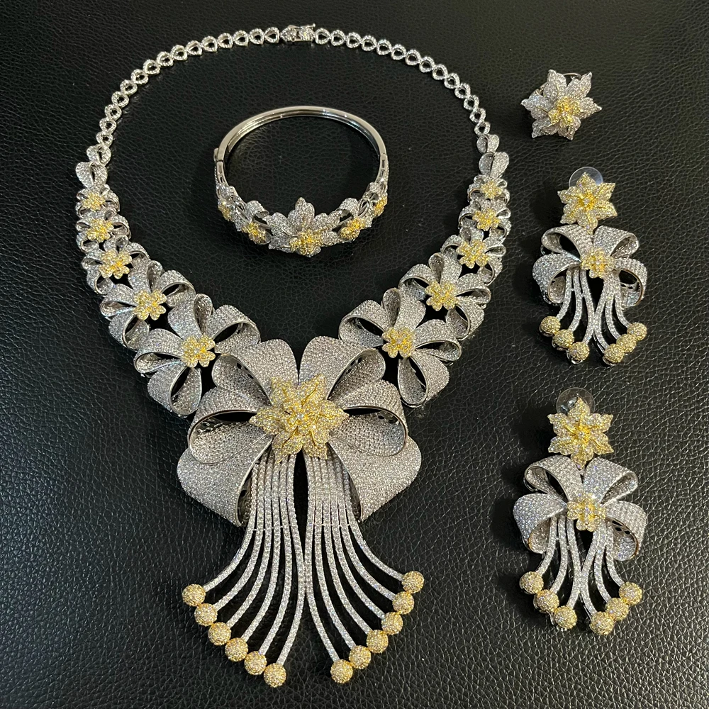 Luxury Bow & Flower CZ Jewelry Sparkly Two-Tone Cubic Zirconia Bridal Necklace Earrings Ring Bracelet Set American Diamond Style