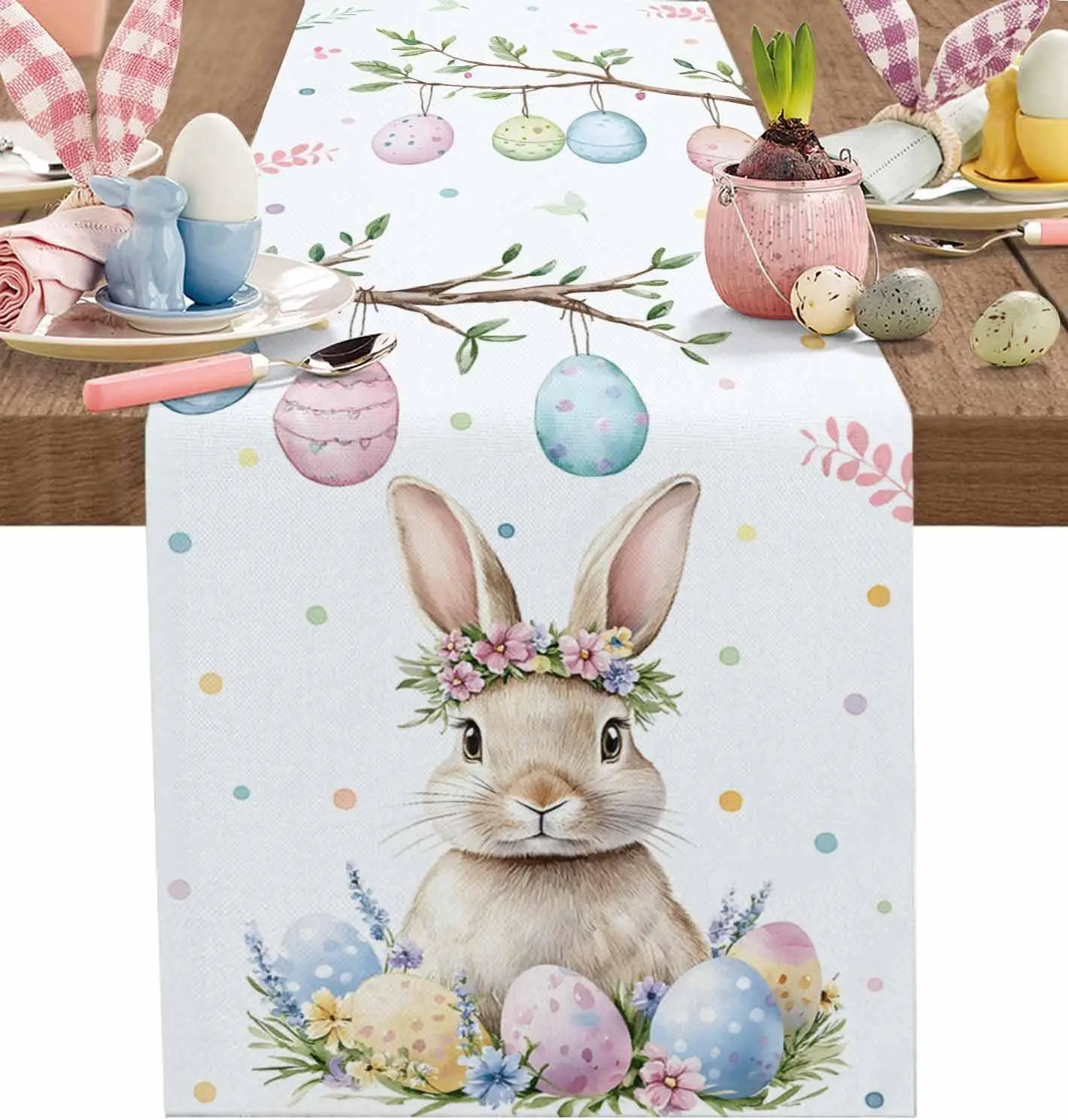 Easter Bunny Colorful eggs linen table runner Holiday party decor Farmhouse Kitchen dining table runner Easter decorations