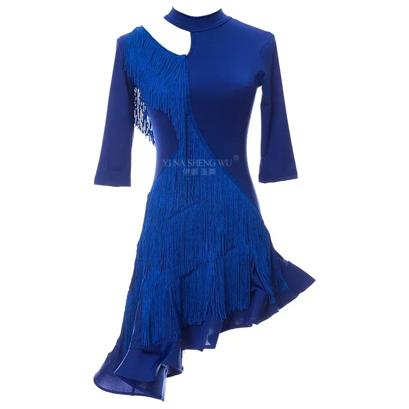 Nouvelle robe femme noir Sexy fille adulte vêtements grande frange rouge robe de danse danse latine robe à manches longues danse latine