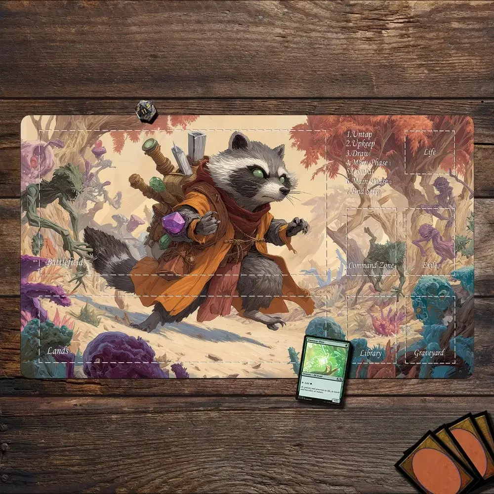 سجادة ألعاب المعركة من Desert Guardian Raccoon Warrior Magic Playmat مع سجادة مكتب لعب المنطقة MTG مناسبة لجمع الألعاب