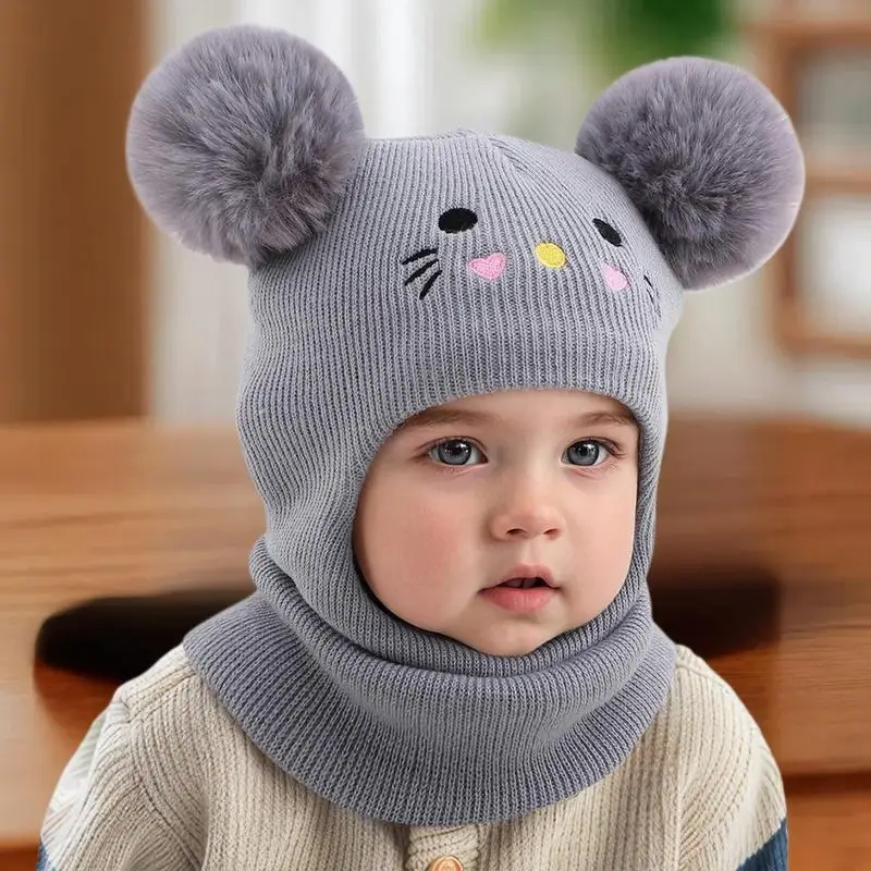 1 tocado de doble pompón con bonito bordado de dibujos animados, tejido para cobertura completa de rostro y cuello, resistencia al viento y al frío