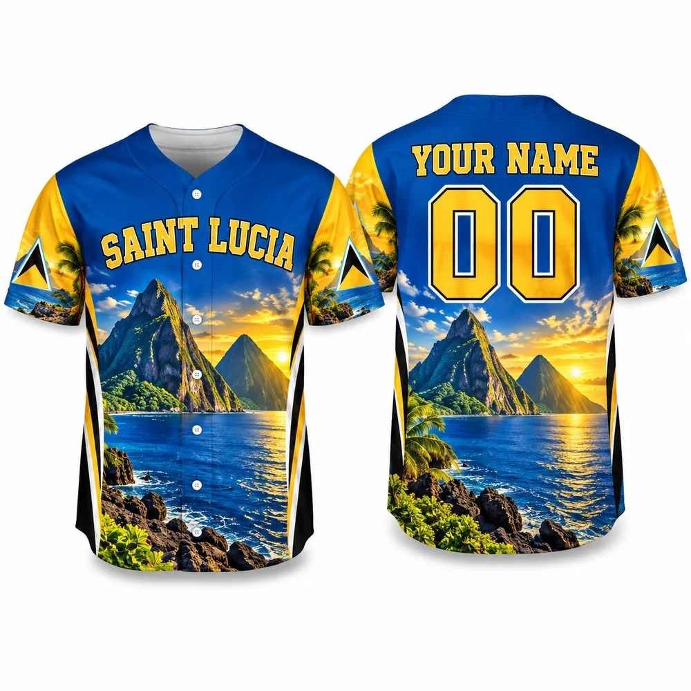 DIY Pitons Inspired Saint Lucia Baseball Jersey Custom Name Jerseys Shirt with Caribbean Landscapes and Sky Blue Gold Shirts