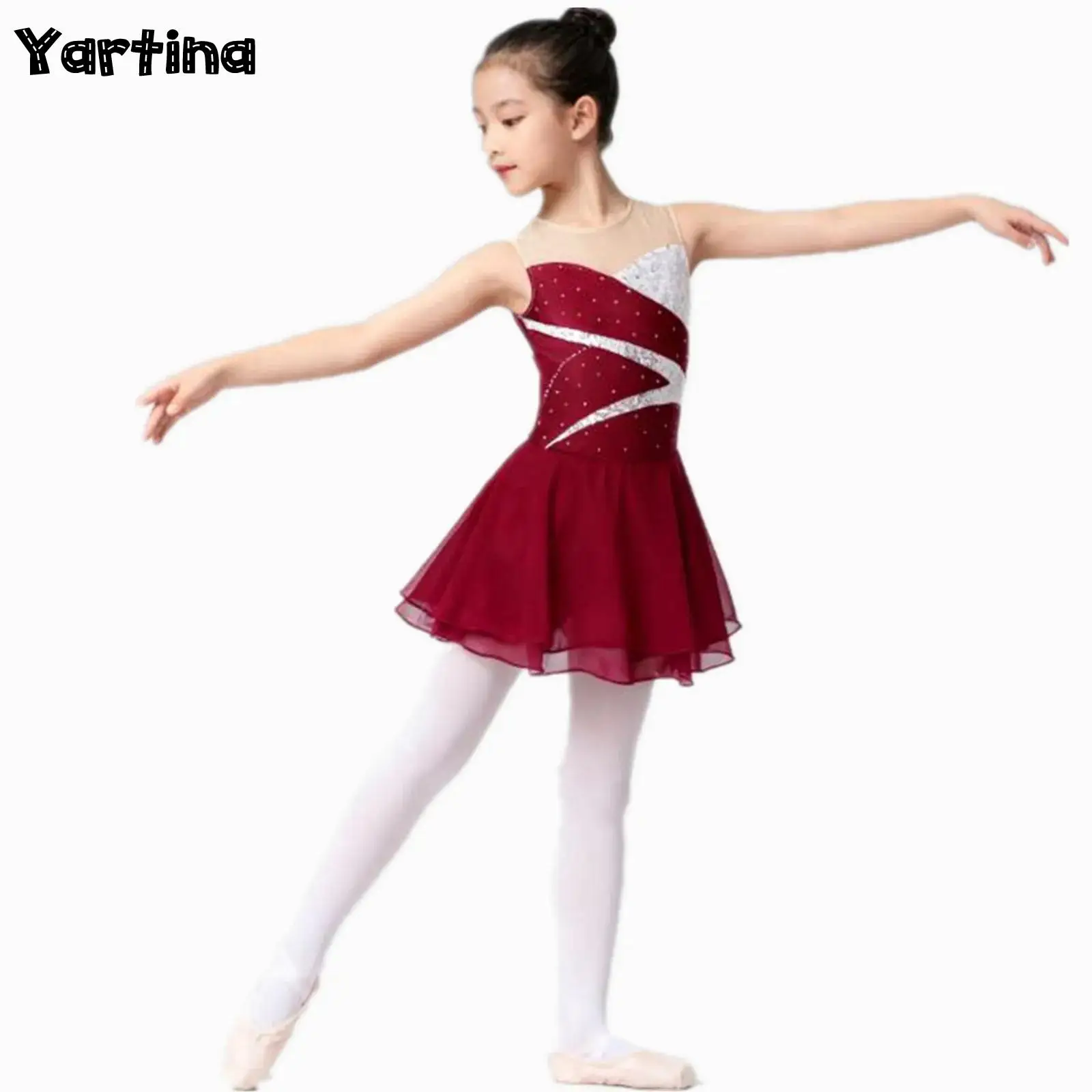 Kinder Mädchen Glänzende Pailletten Strass Ballett Jersey Kleid Gymnastik Trikot Tutu Kostüm Künstlerische Eiskunstlauf Tanz Kleider