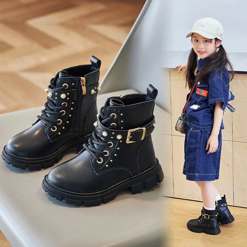 

2023 New Spring Catwalk Shoes Flats Ankle Boots for Girls Buckle Versatile Cool European and American Style Kids Boots