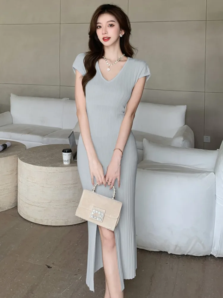 مثير محبوك الدكتور المرأة التخسيس طويلة سبليت V-Ne Bodycon تنورة Ci تخفيف ملابس يومية غير رسمية الصيف Faion Ele