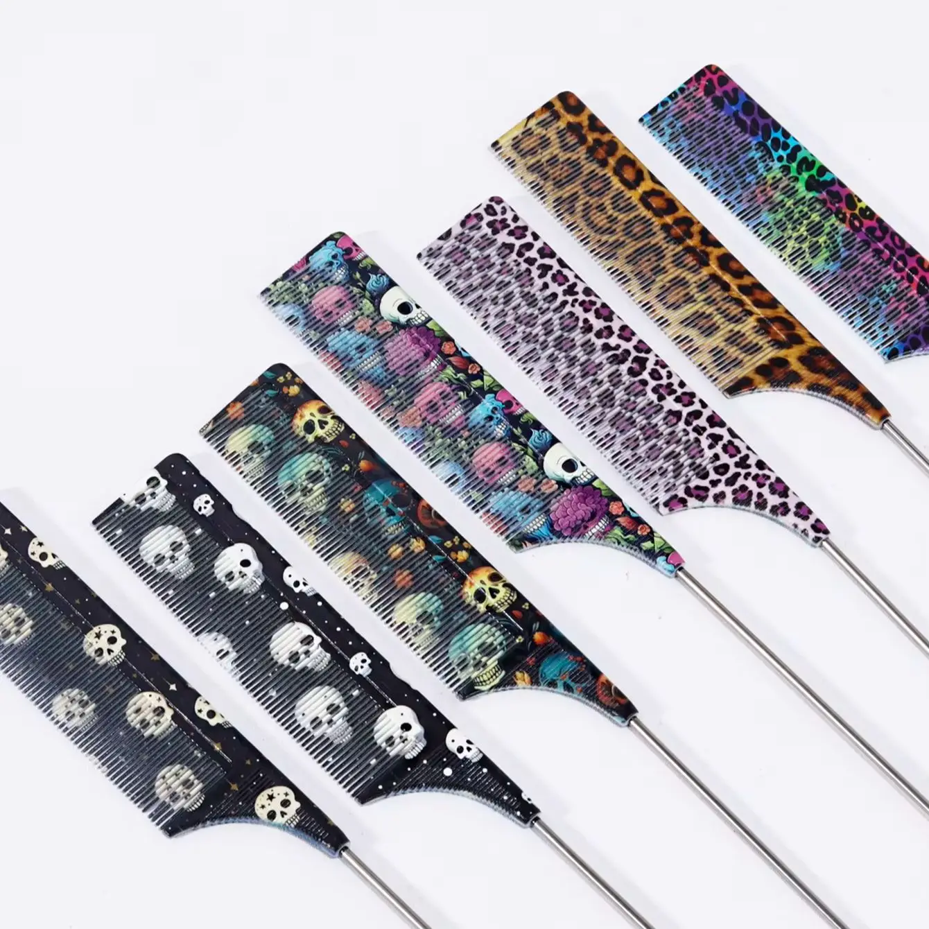 1pc professional pointed tail comb with pattern, anti-static hair picking steel needle tail comb, Special for Real Hair Wigs
