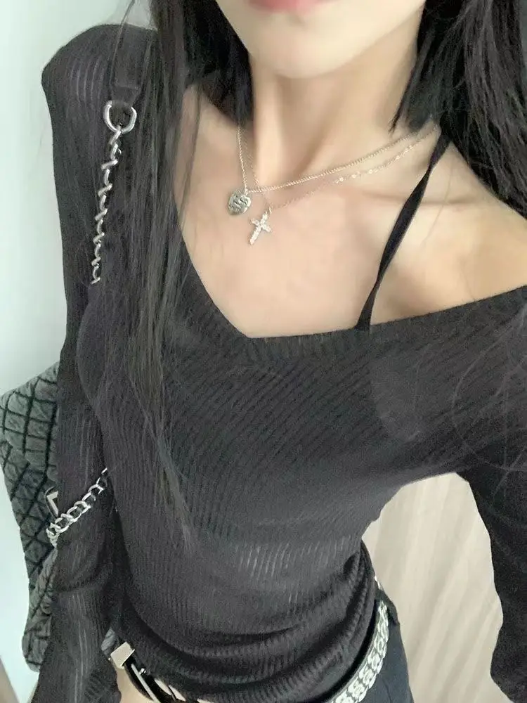 

Slim-fitting See Through V-neck Knitwear Long Sleeved T-shirt Spring Autum Sun Protection Shirt Y2k Vintage Sexy Fashion New Top