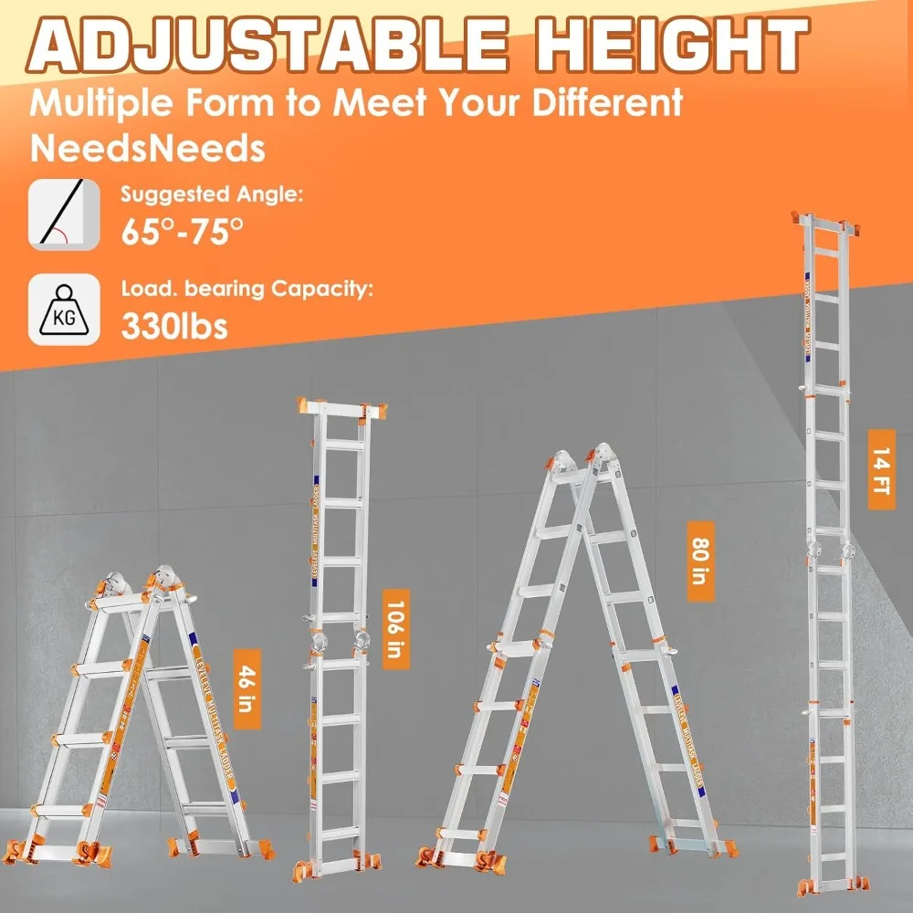 Ladder, A Frame 6 Step Ladder, 20FT Extension Ladder with Stabilizer Bar & Wheels,330 lbs Security Load Multi Position Ladder