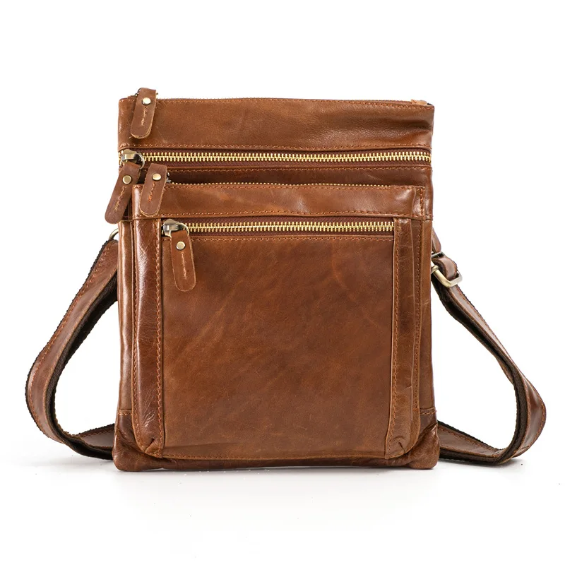 Classic Designer Brand Men's Crossbody Bags Vintage Brown Oil Wax Soft Leather Shoulder Bag Retro Style 100% Genuine Cowhide