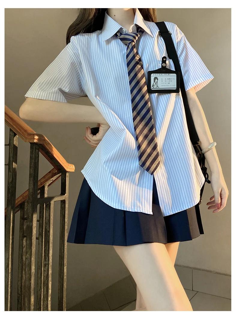 Conjunto completo de saia plissada e camisa grande listrada feminina, conjunto uniforme JK, manga comprida, curto, solto, casual, estilo universitário, americano