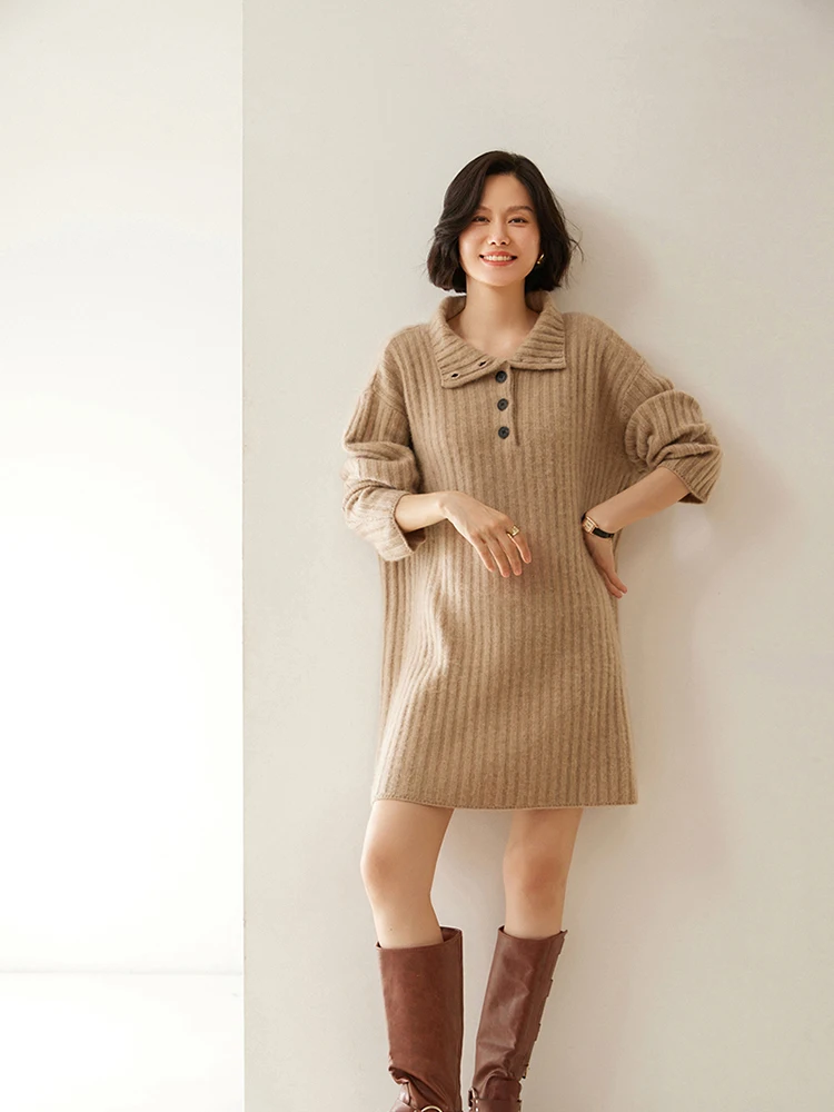 Luxury  Women 100% Cashmere Sweater Dress Long Pullover Turn Down Collar Autumn Winter Thick Cashmere Knitted Dress Heavyweight