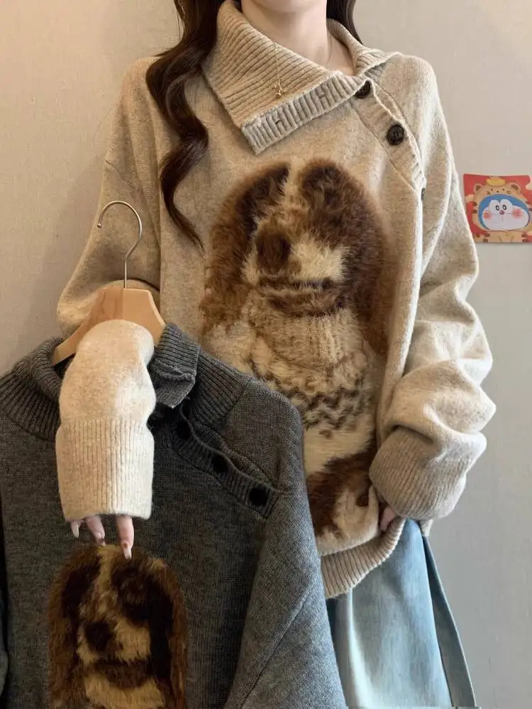 Cute Puppy Women's Turtleneck Sweater 2025 New Autumn Winter Knit Sweater Lapel Dog Loose Lazy Mid Length Hip Covering Top