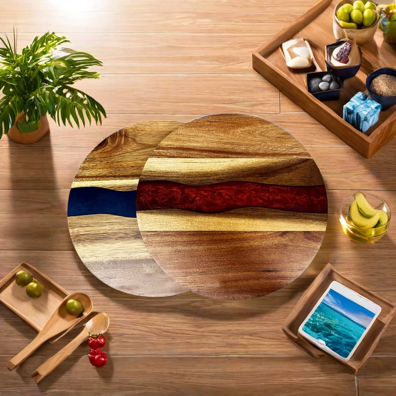 9.8 Inch Round Resin Acacia Wood Cutting Board, Kitchen Steak Tray, Fruit Cutting Board, Cheese Board, Bread Dessert Tray