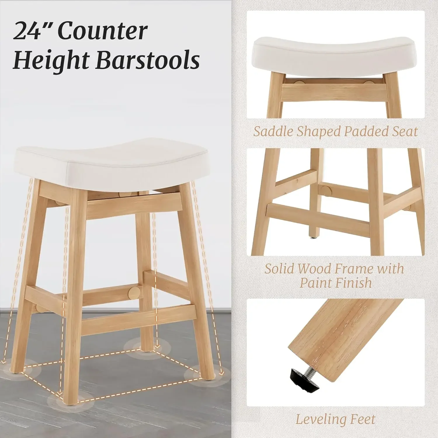 Saddle Seat Counter Height Bar Stools for Kitchen Counter, Bar, Dining, 24 Inch Farmhouse Counter Stools, Beige