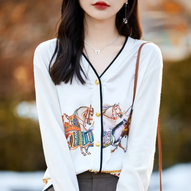 Spring And Autumn New Wool Coat Jacket Women's Long Sleeve Wide V-Neck Printed Stitching Sweater Thin Cardigan - Image 4