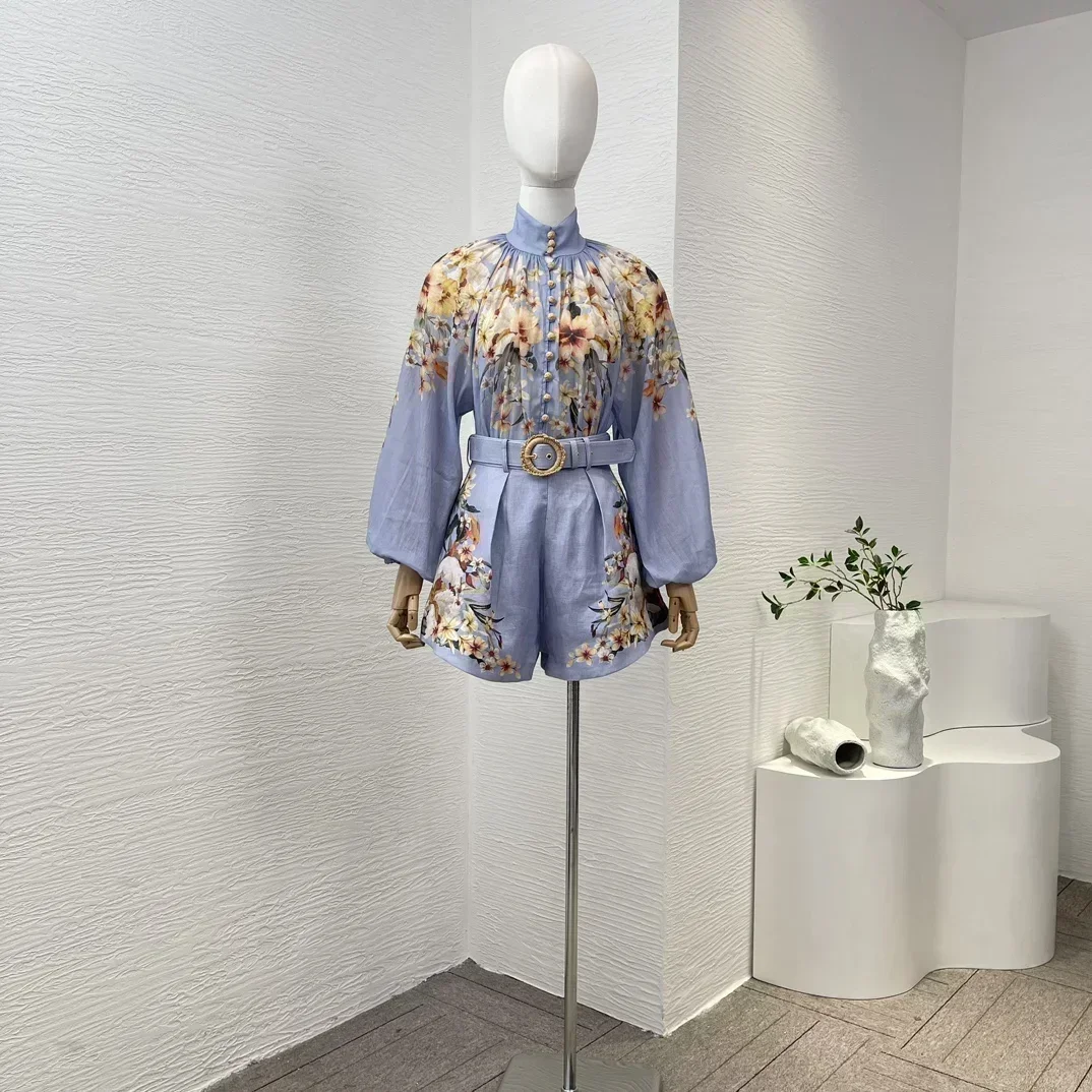 New Blue Palm Floral Print Vintage Ramie Lantern Sleeve Buttons Blouse High Waisted Linen Removable Belt Shorts Set for Women