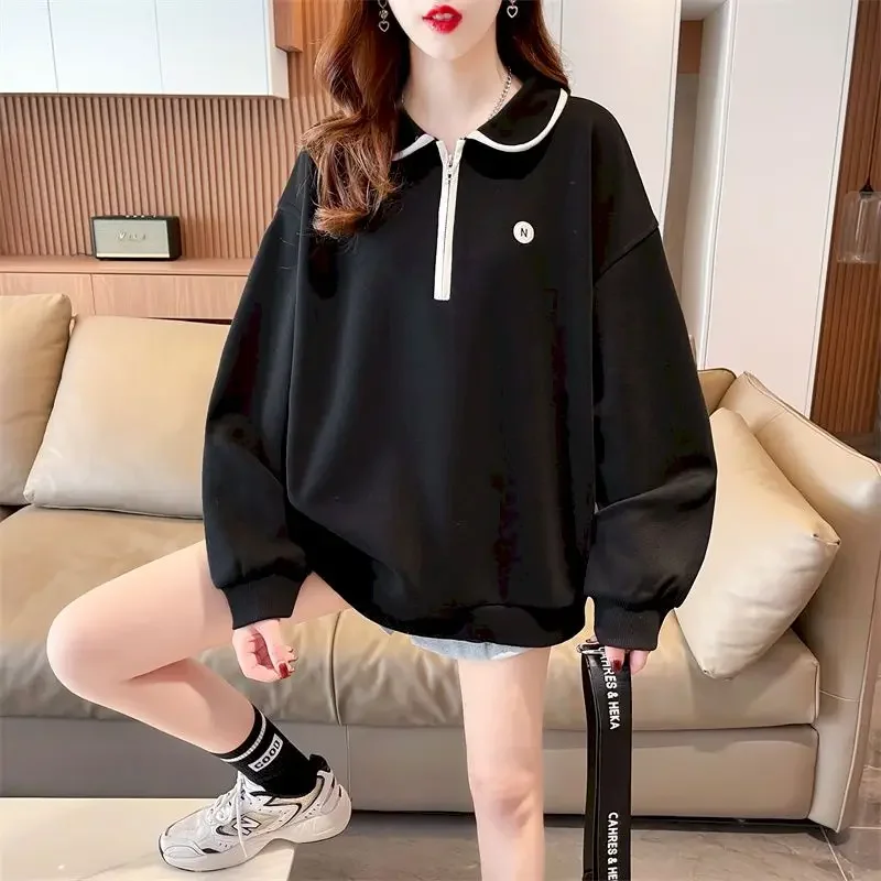 Polo Half Zipper Pullovers Women Casual Loose Design Sense Sweatshirts 2025 Spring Autumn Trend Thin Pullover Korean Style Tops