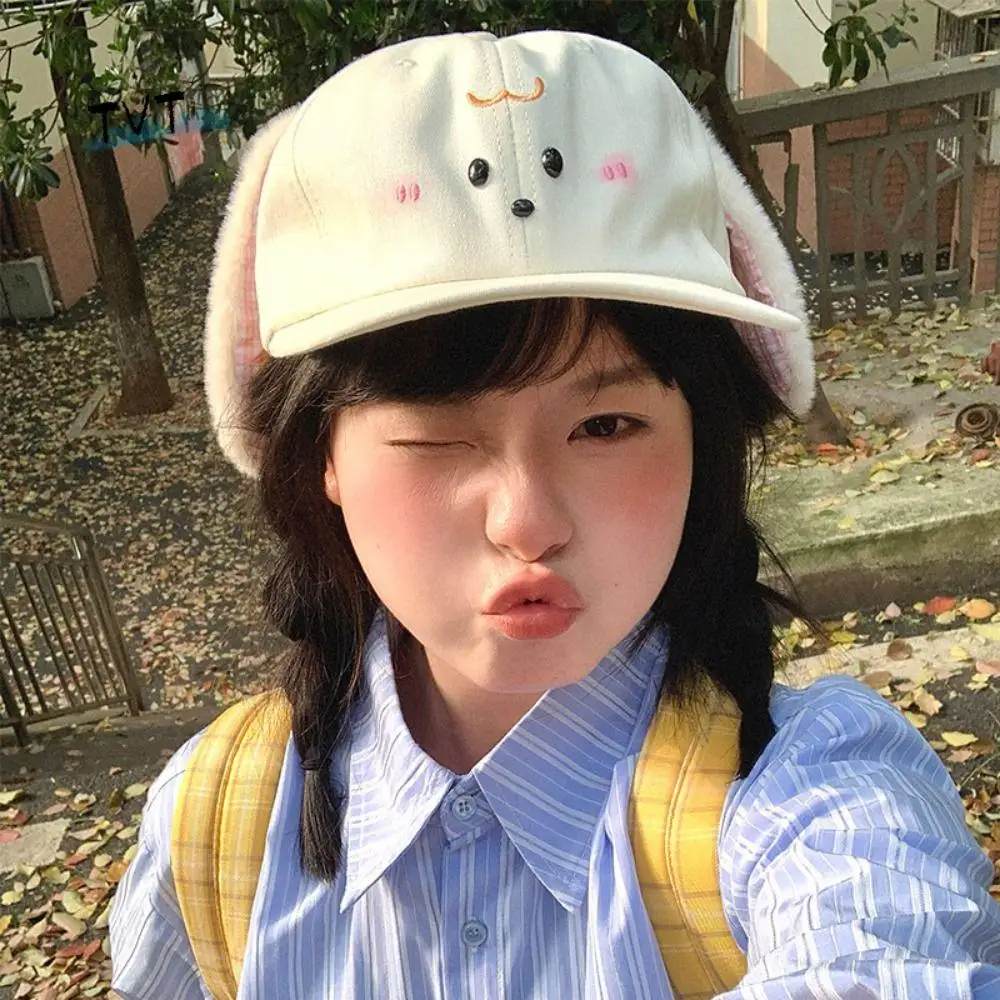 

Fashion Cute Baseball Cap Plush Rabbit Ear Y2k Peaked Cap Plaid Versatile Sunscreen Hat Female