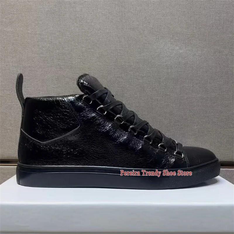 Trendy Genuine Leather High Top Shoes for Men Brand Designer Round Toe Thick Soled Lace-Up Flat Casual Sneakers Large Size