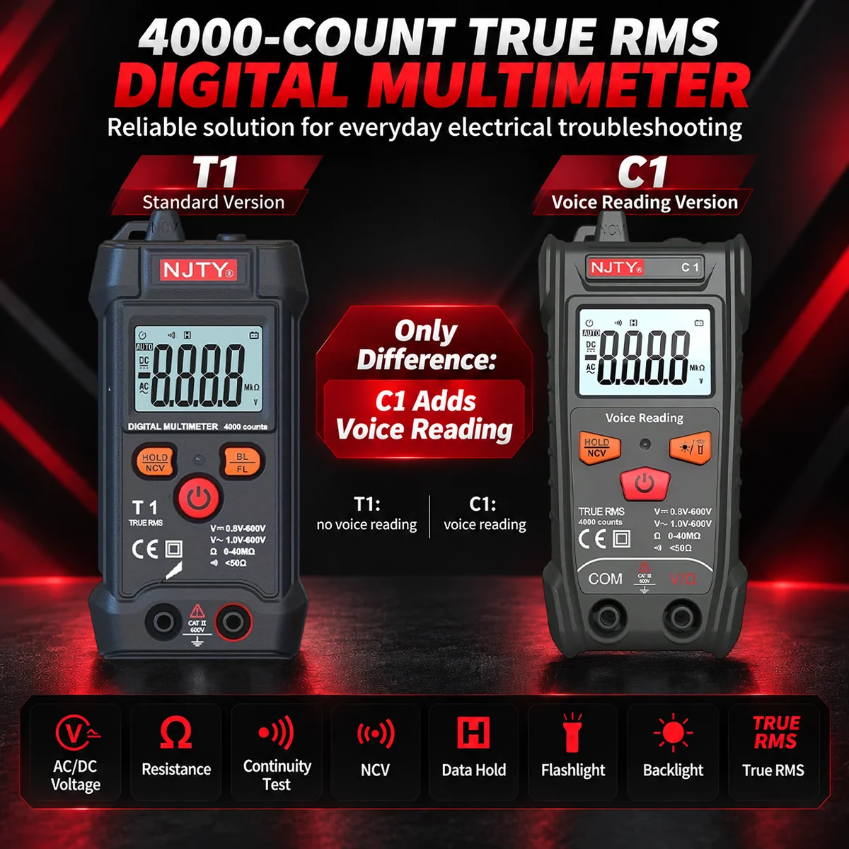T1 C1 Automotive Multimeter Tester 4000 Counts True RMS Auto Range NCV AC DC Voltage Resistance Continuity Car Battery Meter