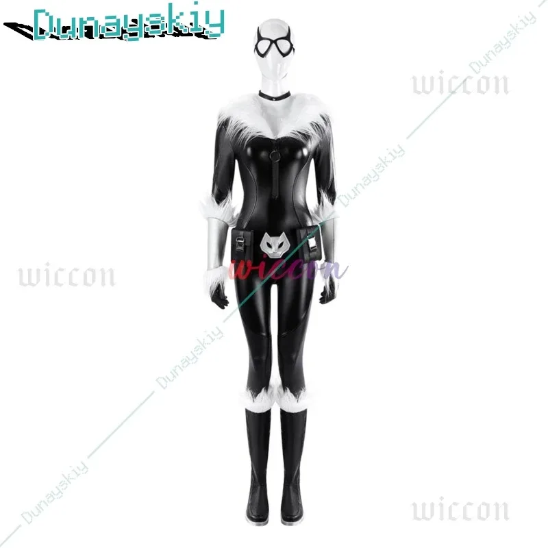 

ff34Adult Game Costumes Sexy Black Leather Catsuit Jumpsuit With Gloves Cosplay Halloween Cat Lady Fancy Dress