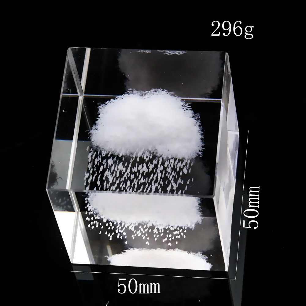 Laser Engraving Dark Clouds Rain Weather Geometry Cube Glass Crystal Crafts Sun Catcher Desk Paperweight Display Stand Figurine