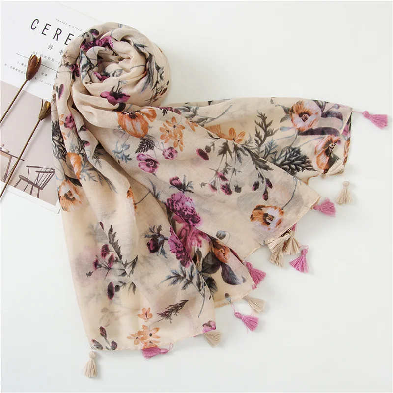 Fashion Printing Flower Tassel Shawl Cotton Viscose Scarf Women Beach Sunscreen Shawl Muslim Hijab Wrap Headscarf 180*90cm