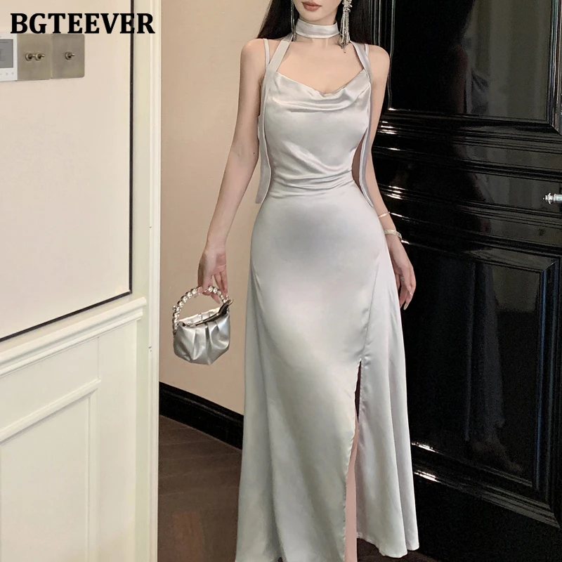 BGTEEVER printemps été élégant dames Spaghetti sangle paquet hanche robe en Satin élégant femmes fendu sans manches robe moulante